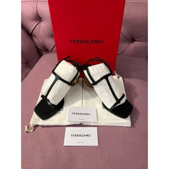 Ferragamo Elina Sandals in Black Leather 7.5 With Box Womens Logo High Heels - Picture 8 of 17